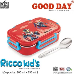 good day Ricco Insulated Steel Tiffin With Spoon For Kids, School 2 Containers Lunch Box image 3