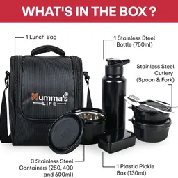 mumma's life Stainless Steel Lunch Box with 130ml Pickle Box, Spoon&Fork 250ML, 400ML & 600ML 4 Containers Lunch Box image 3