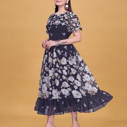 kv fashion Women Fit and Flare Dark Blue Midi/Calf Length Dress image 5