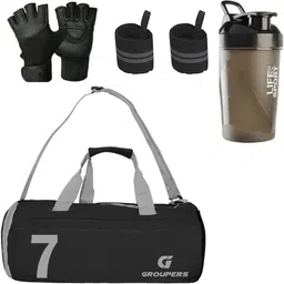 groupers Gym Duffle bag for men ll LIAS Sipper Bottle ll Wrist Band ll Gym Gloves- 07 Fitness Accessory Kit Kit-picture-13