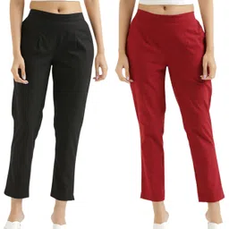 d&h Pack of 2 Women Regular Fit Maroon, Black Pure Cotton Trousers-picture-24