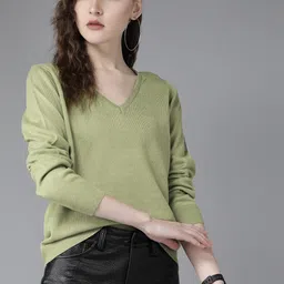 roadster Women Solid V Neck Green Sweater-picture-15