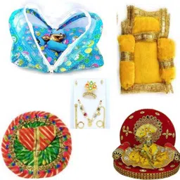 swa mi Laddu Gopal Ji Brass Idol with singhasdan , with Shringar Set of Mukut, Mala, Bansuri, Asan and 2 Dresses, for Krishna Idol, (Ladoo Gopal Dress Combo), (Size: 1 no.) Dress (Cotton, Silk) Dress-picture-14
