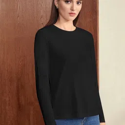 juneberry Women Solid Round Neck Pure Cotton Black T-Shirt image 3