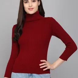 gulika Women Solid High Neck Maroon Sweater-picture-17