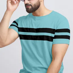 ausk Men Striped Round Neck Cotton Blend Light Blue, Black T-Shirt-picture-19