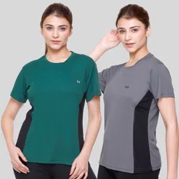 white moon Pack of 2 Women Colorblock Round Neck Polyester Grey, Green, Black T-Shirt-picture-18