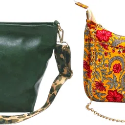 Yellow, Green Women Sling Bag In Floral Printed Cotton with Multiple Compartments & Pockets-image-73