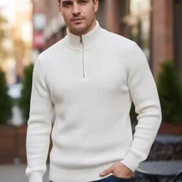 sovin Men Solid Collared Neck White Sweater image 3