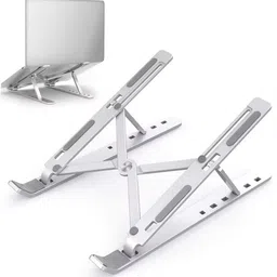 JIBON Portable Triangular Structure Bottom Anti Slip Strip Aluminium Floor and Desk Stand Rotatable Laptop Stand with Adjustable Height Compatible with Universal Laptops-image-4