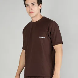 chkokko Men Solid Round Neck Cotton Blend Brown T-Shirt image 3