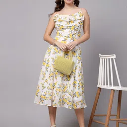 aayu Women Fit and Flare Yellow, White, Black Midi/Calf Length Dress image 4