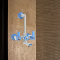 r. n. PTMT Superior Plastic 3 in 1 L-Bend Wall Mixer Tap for Bathroom For Hot & Cold Water Provision to Connect Overhead Shower (White-Blue-Dual)_RNVIR19A19 Wall Mixer Faucet image 2