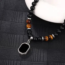 vivity Trendy Tiger Eye Stone Beaded Necklace for Men Vintage Black Geometric Pendant Onyx Silver Plated Alloy Chain-picture-32