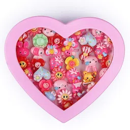 sillyme Kids Girls Cartoon Pretend Play Toy Fancy 36 finger rings for birthday gifts comes in pink heart shape box . Plastic Ring-picture-15