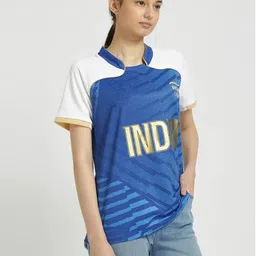 sai Women Printed Round Neck Polyester Blue T-Shirt image 1