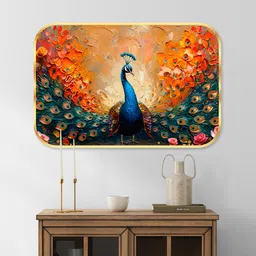 saf Peacock Theme Crystal Embedded High Gloss Surface with Golden Frame Digital Reprint 18 inch x 12 inch Painting-picture-18
