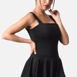 tomkot Padded A-line Offshoulder Swimsuit Self Design Women Swim-dress Black Swimsuit-picture-12