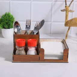 geniyo Cutlery Kitchen Rack | Spoon, Fork, Knife And Paper Napkin Organizer Stand For Cafe Dining Table Wood image 5
