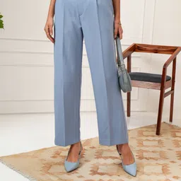 tokyo talkies Women Straight Fit Blue Cotton Blend Trousers-picture-13