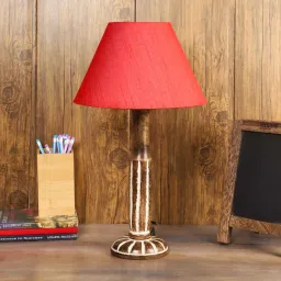 Red Fabric Shade Table Lamp with White and Brown Base by Foziq image 2