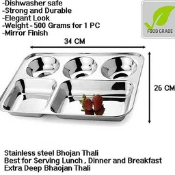 rbgiit 4 PCs Stainless Steel Lunch Plate / Dinner Plate / Bhojan Thali Sectioned Plate image 5