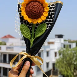 Crochet Sunflower Bouquet – Handmade Wool Flower with Black Wrap & Cute Ribbon Yellow Sunflower Artificial Flower-image-4