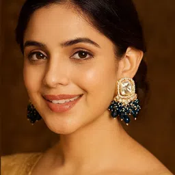 lucentarts jewellery Fashionable Traditional Gold Plated Kundan Studded Blue Earring For Women Cubic Zirconia Alloy Plug Earring image 2