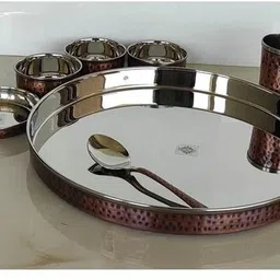 indianartvilla Pack of 7 Copper Copper Tableware Hammer Thali set 13" inch Antique finish - 7 piece set Dinner Set image 5