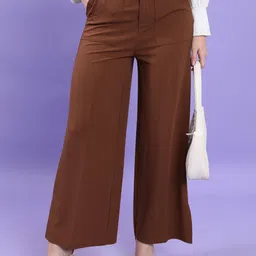 tokyo talkies Women Regular Fit Brown Cotton Blend Trousers-picture-12