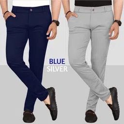 tenit Pack of 2 Men Slim Fit Blue, Silver Lycra Blend Trousers-picture-10
