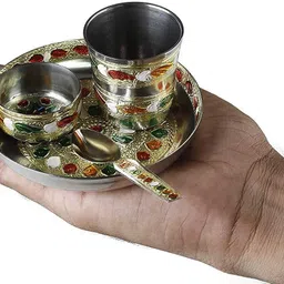 acharya nakul Pack of 3 Silver Plated Laddu Gopal Ji mini bhog dhali set pure brass printer design 001 Dinner Set image 4