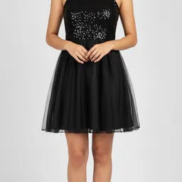 siyas Women Fit and Flare Black Above Knee/Mid Thigh Length Dress-picture-29