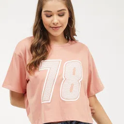 Women Printed Round Neck Cotton Blend Pink T-Shirt-image-26