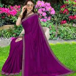 hnc retail Temple Border, Solid/Plain Bollywood Lycra Blend, Chiffon Saree image 5