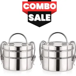 udine Stainless Steel Lunch Box/Tiffin with Locking Clip (3 Tier Container 3 Containers Lunch Box image 1