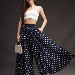 emeros Women Flared Dark Blue, White Viscose Rayon Trousers-picture-16