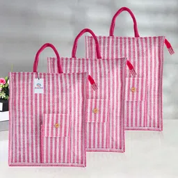 heart home Jute Lining Front Pocket Carry Shopping Bag with Handle|Medium|Pack of 3|Pink Pack of 3 Grocery Bags-picture-41