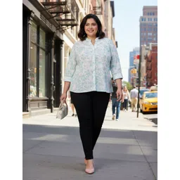 oxolloxo Women Plus Size Floral Mandarin Collared with Button Tab Sleeve Cotton Shirt Women Regular Fit Printed Mandarin Collar Casual Shirt-picture-11