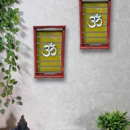 disoo fashions Red Colour Distress Look Sheesham Wood Handcarved Rectangular Set Of 2 Wall Art With Om-picture-17