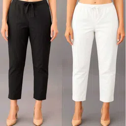 adnan enteeprises Pack of 2 Women Regular Fit White, Black Cotton Blend Trousers-picture-18