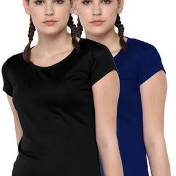 dsws Pack of 2 Women Sporty, Solid Round Neck Polyester Dark Blue, Black T-Shirt image 1