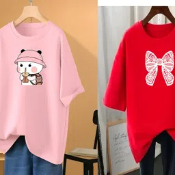 rapturous Pack of 2 Women Printed Round Neck Cotton Blend Pink, Red T-Shirt-picture-23