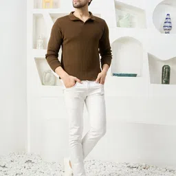 kvetoo Men Self Design Collared Neck Brown Sweater image 3