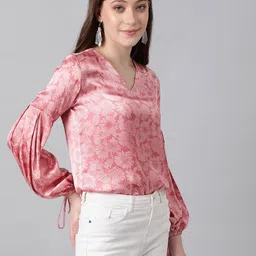 ootd by kotty Casual Balloon Sleeve Printed Women Pink, White Top image 3