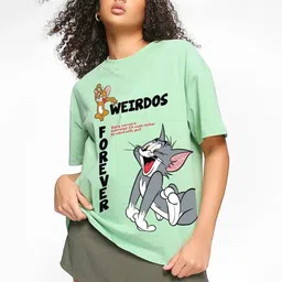 bewakoof Tom N Jerry Women Graphic Print Round Neck Pure Cotton Green T-Shirt image 2