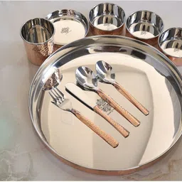 indianartvilla Steel, Copper Indian Art Villa, Brass 10 Pieces Dinner Set in Embossed Design Dinner Set image 4