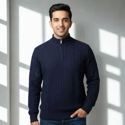 woolcraft Men Self Design Collared Neck Gold Sweater-picture-10