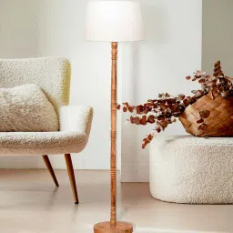 homesake Mid Century Modern Floor Wooden Lamp with Fabric Lampshade, White image 1