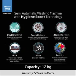 voltas beko by a tata product 12 kg A Tata Product Anti-allergen Hygiene Boost Washing Machine with Fast Dry and Water Proof IPX4 Panel Semi Automatic Top Load Maroon, White image 3